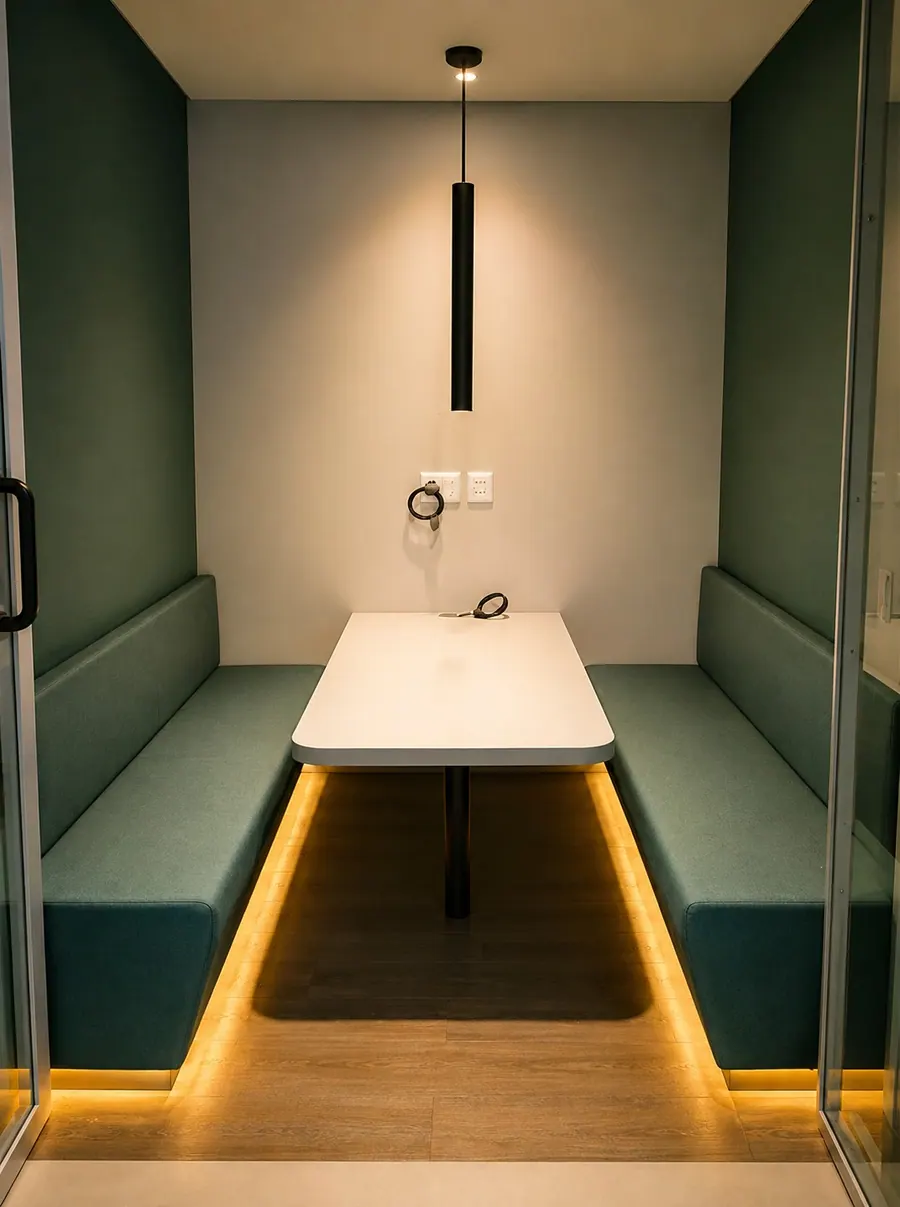 Cabine acústica estofada em verde para escritório, Brasilina