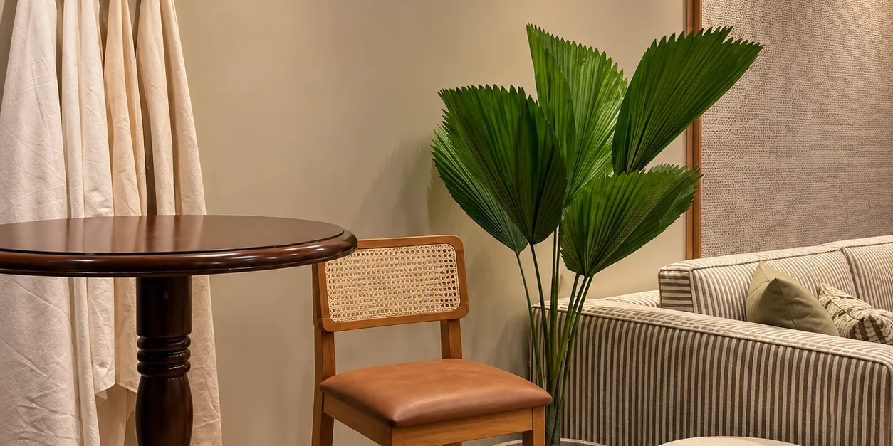 Showroom da Brasilina em Indaiatuba: mesa de apoio, banqueta estofada e sofá listrado