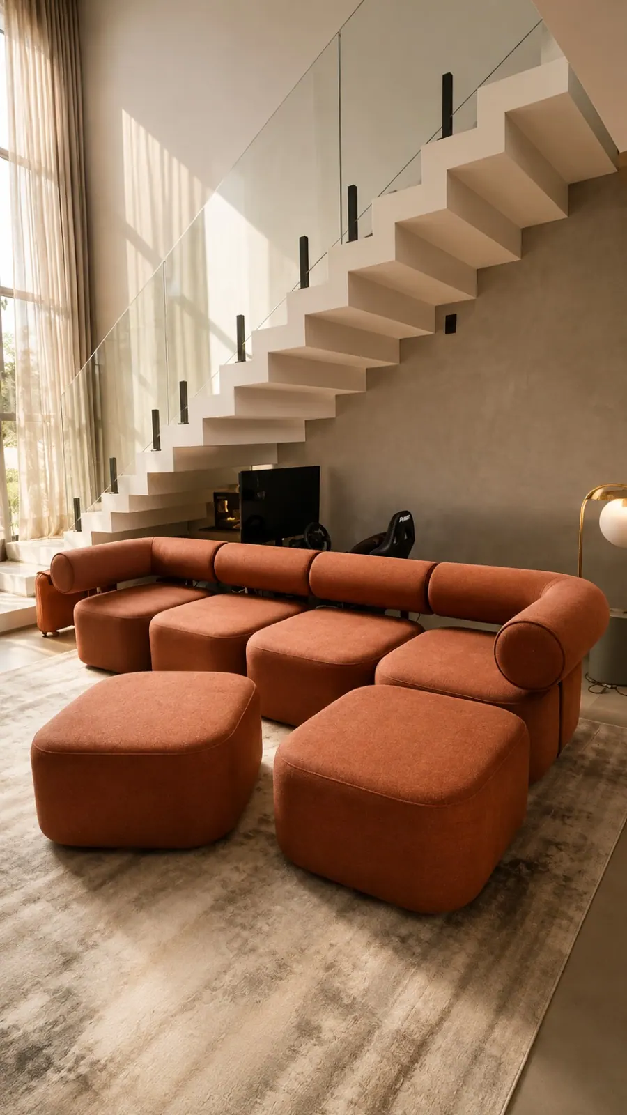 Sofá modular em tecido terracota com pufes, em sala de pé-direito duplo, Brasilina
