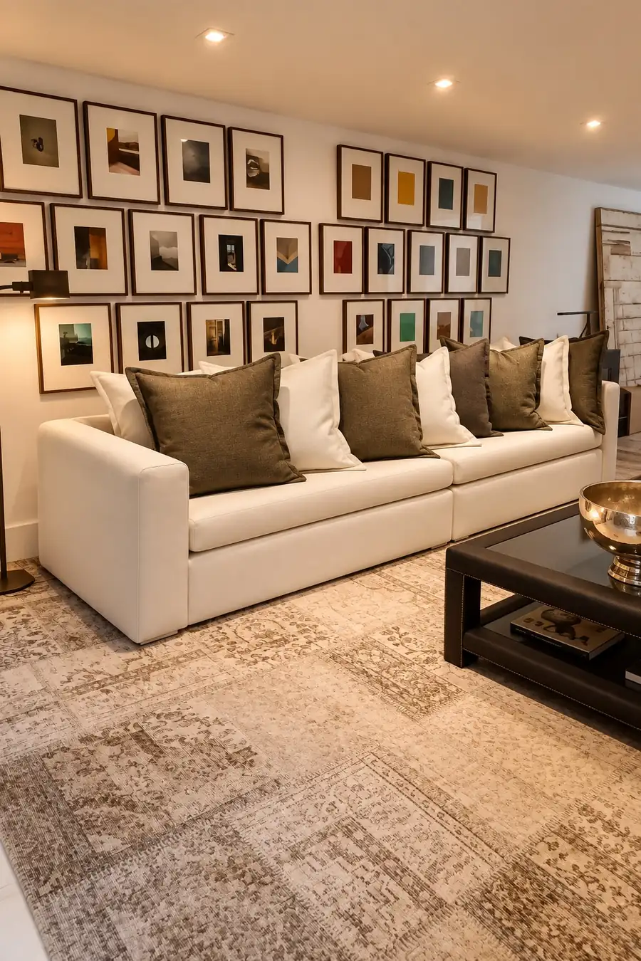 Sofá branco com almofadas em sala com parede de quadros, Brasilina